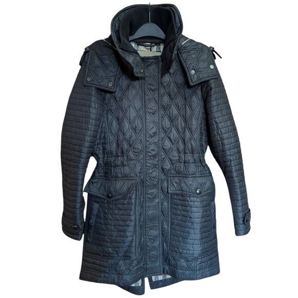 Burberry Brit Finsbridge Quilted Black Coat Small Belted Hooded Jacket Outerwear - Picture 2 of 6
